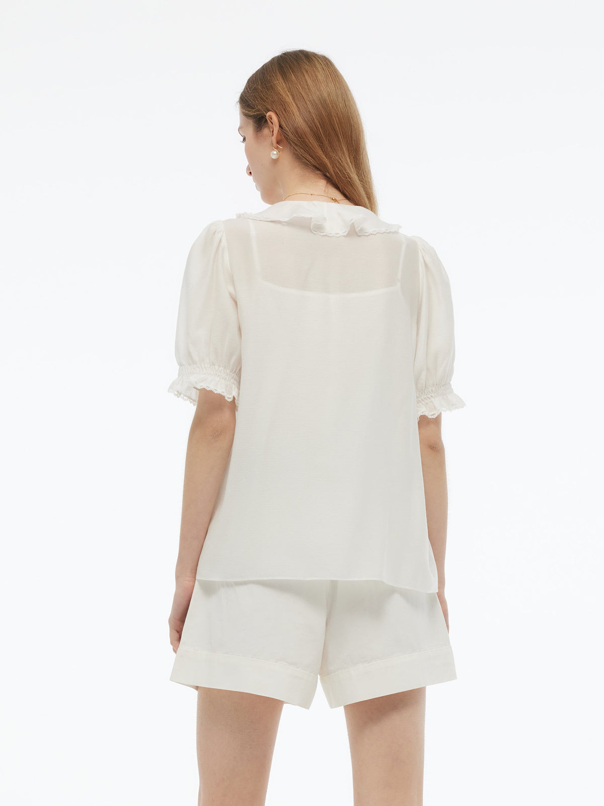 Acetate Blend Ruffle V-Neck Women Blouse