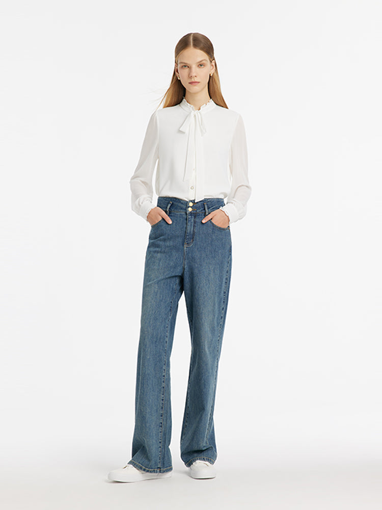 Bow Tie Ruffle Collar Women Shirt