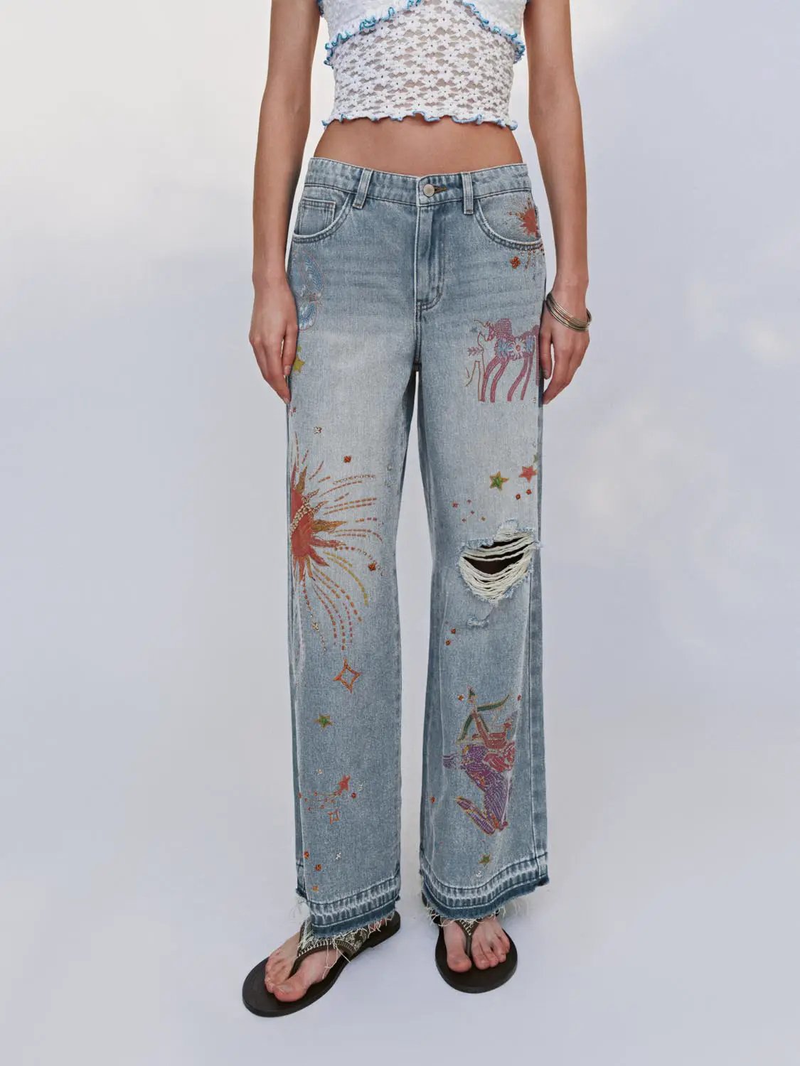 Printed Ripped Denim Jeans