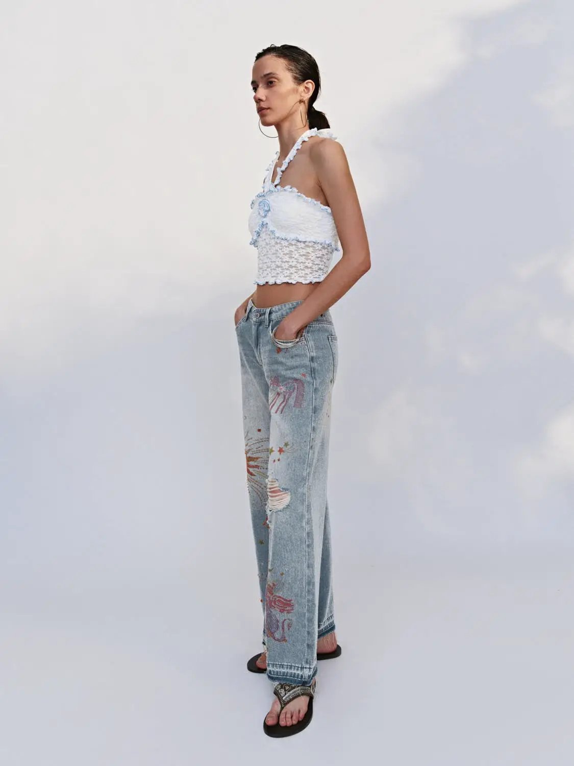 Printed Ripped Denim Jeans