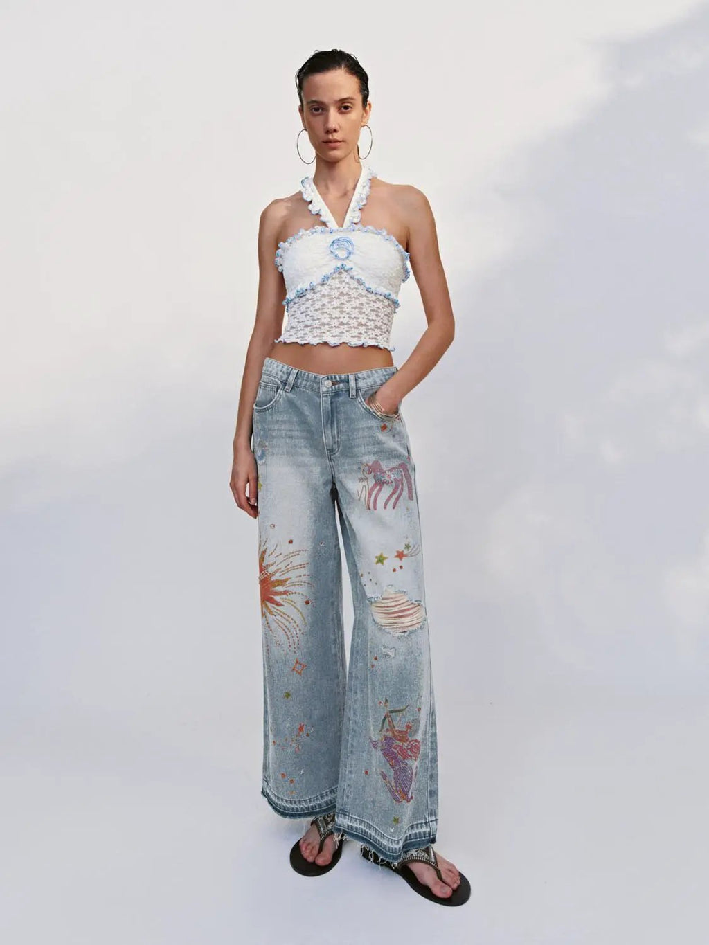 Printed Ripped Denim Jeans